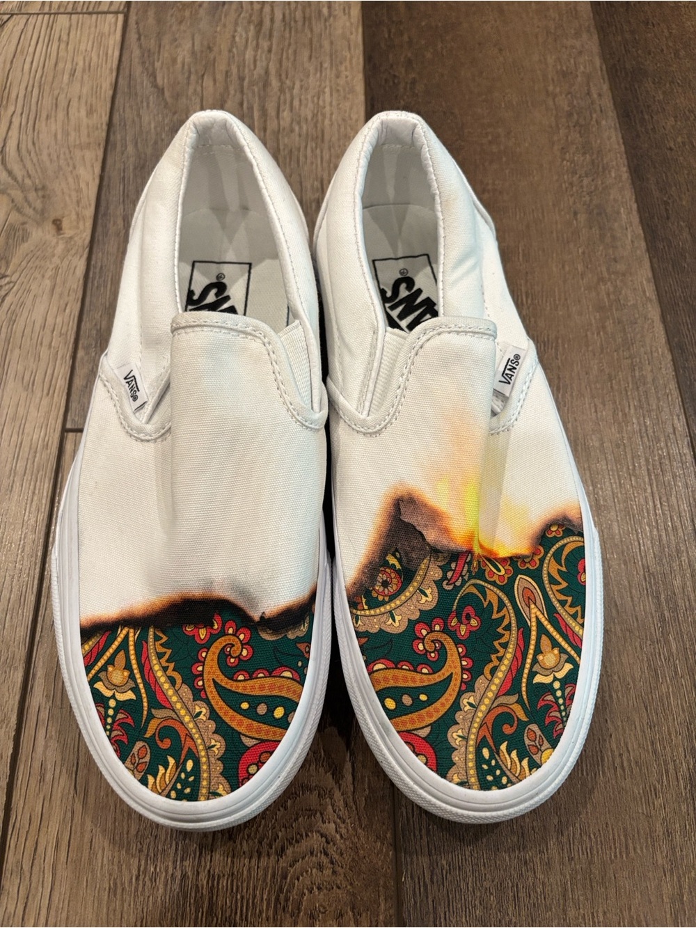 Vans White Canvas Slip-Ons with Green Paisley and Yellow Accent